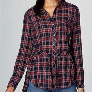 J.Jill Plaid Button Down Long Sleeve Tie Tunic Top